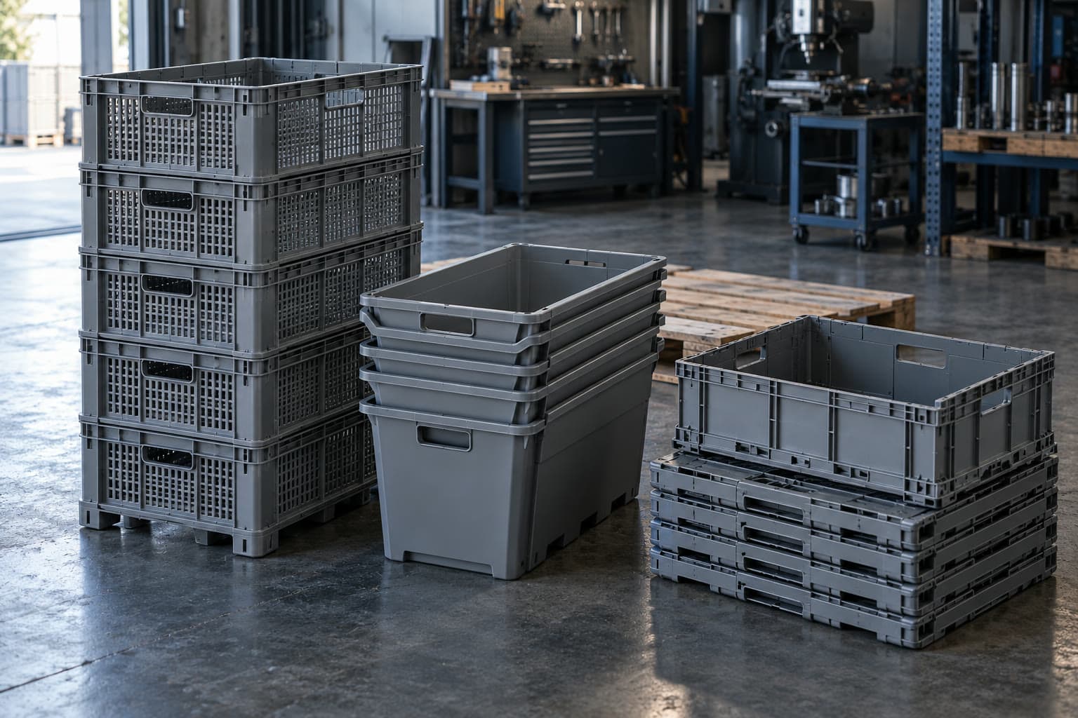 Stackable, nestable and foldable grey crates in a warehouse next to a Euro pallet