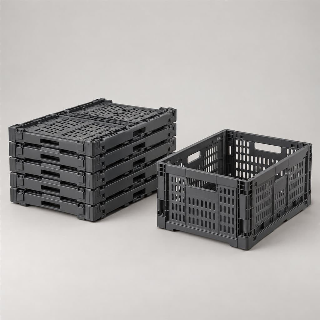 A stack of five folded crates and one unfolded crate
