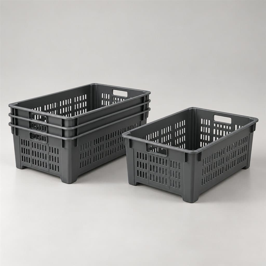 Three nestable crates inside each other and one more beside them