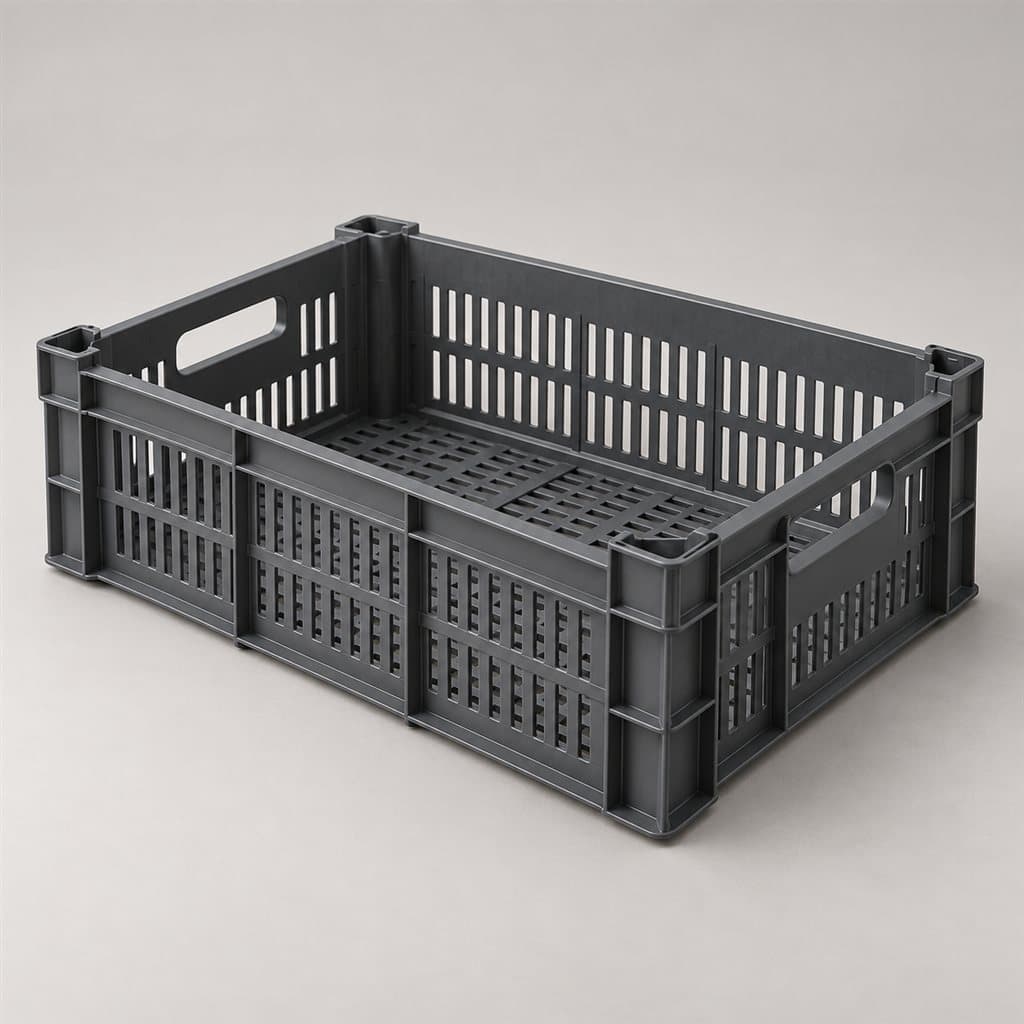 Grey perforated stackable crate with handles