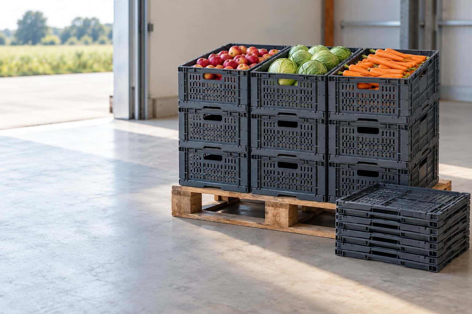 Grey perforated crates with apples, cabbages and carrots on a Euro pallet, a stack of folded crates beside them