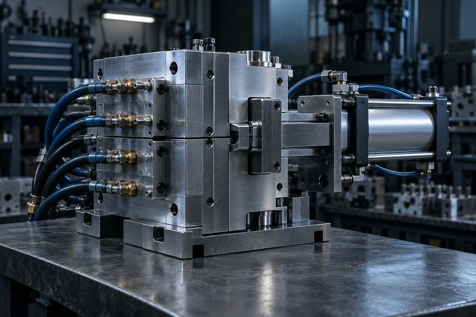 Видувна форма у зборі з приводним циліндром на верстаку